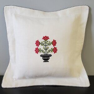 Farmhouse Country French Flower Topiary Embroidered  Linen Pillow